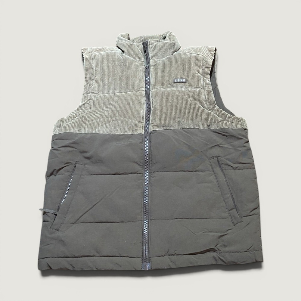 LSKD men's Winter Puffer Vest Brown Ribbed Corduroy Upper Quilted Lower Small
